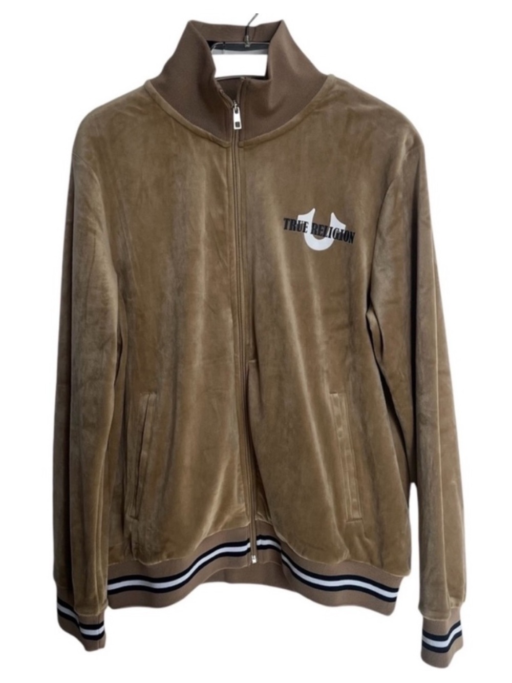 TRUE RELIGION Velour Tour Track Jacket World Tour Travertine Sz M - Picture 2 of 16